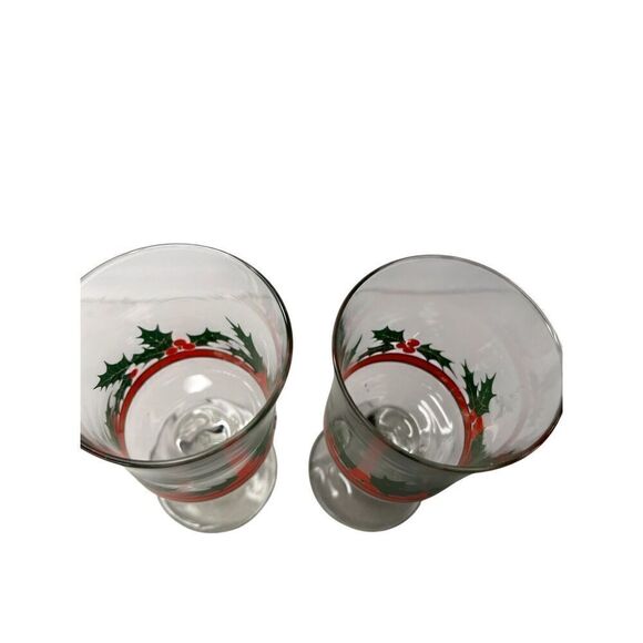Libbey Glass Holly & Berries Flared Water Goblets Retro Barware Christmas (2) - Picture 2 of 6